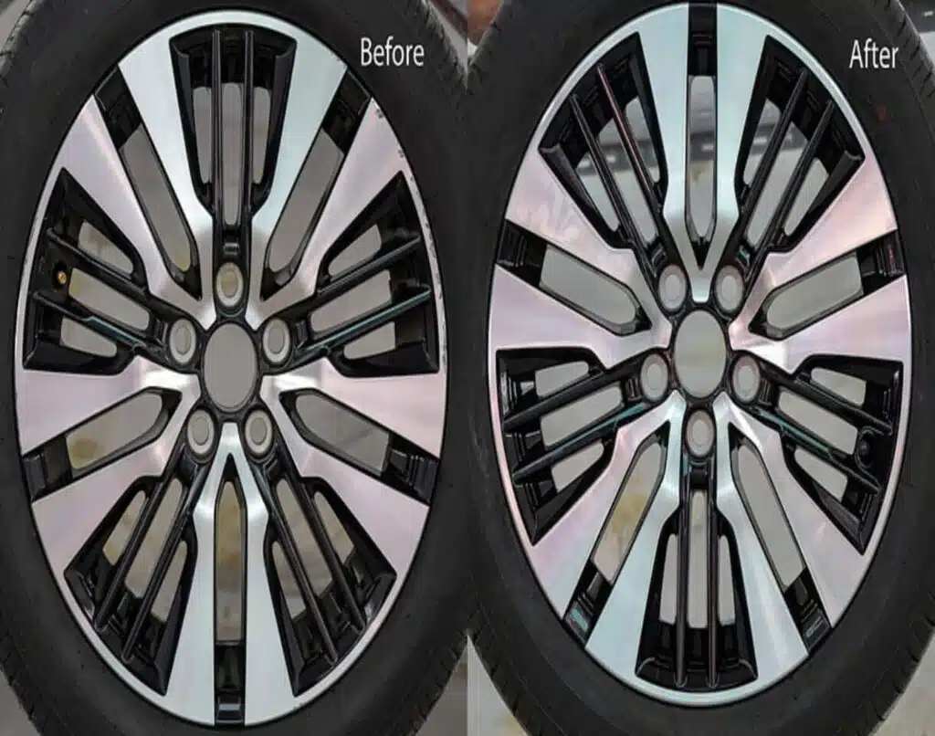 Before and after alloy wheel repair showing restored finish